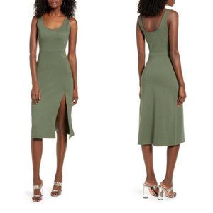 Leith olive colored scoop neck midi dress with slit